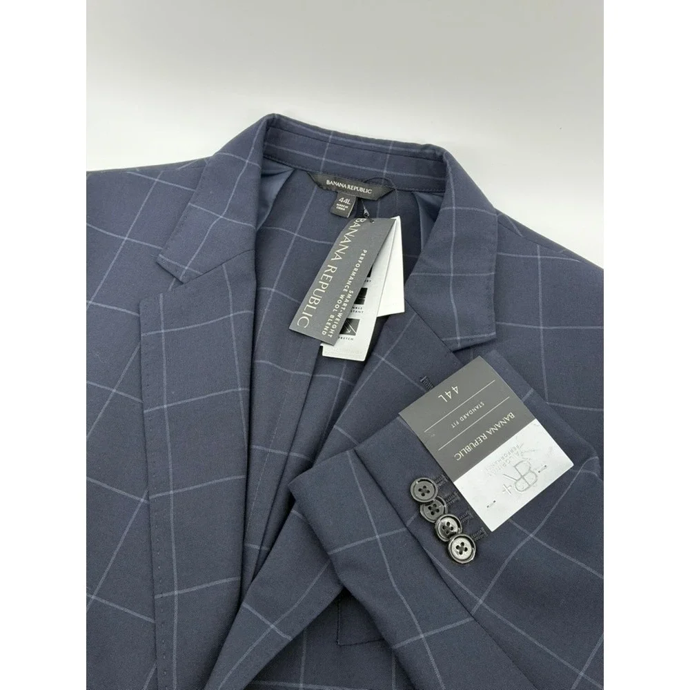Banana Republic BR+ Performance Wool Blazer Navy Windowpane 44L Standard Fit